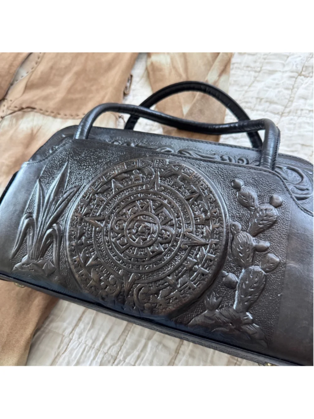 Tooled Leather Purse From Mexico • Intricate Rose, Bird, Aztec Calendar Designs